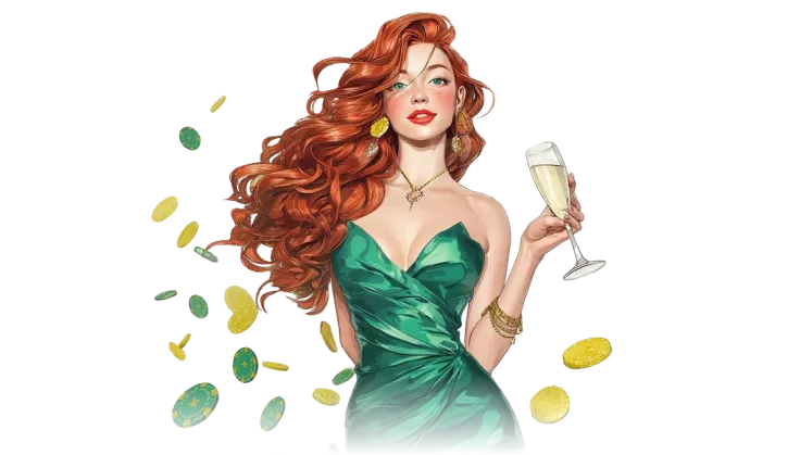 A glamorous woman celebrating a win with champagne and scattered casino chips