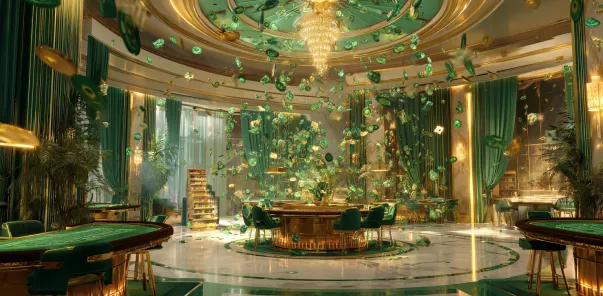 A luxurious casino room filled with green and gold accents and falling chips