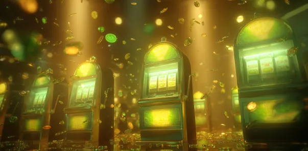 A row of golden slot machines, with a shower of coins and chips